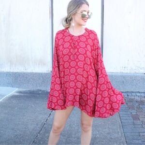 PPLA Martina Cranberry Woven Knit Flared Sleeves, Scoop Neck Boho Mini Dress LG